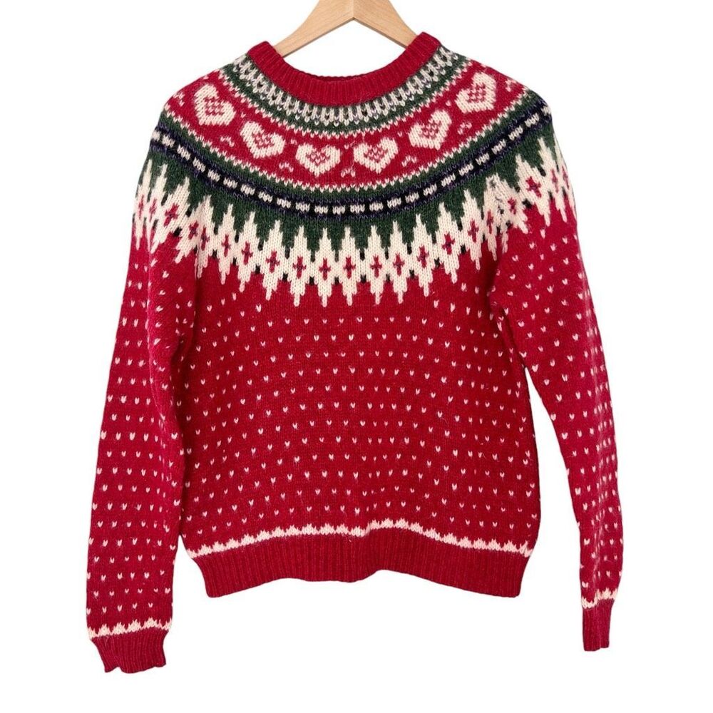 Woolrich Women’s Medium Vintage Red Fair Isle Heart Crewneck Sweater Wool Blend - Picture 2 of 10